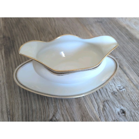 Limoges Other - LIMOGES, FRANCE gold encrusted M. REDON 10" Gravy Boat Attached Under Plate